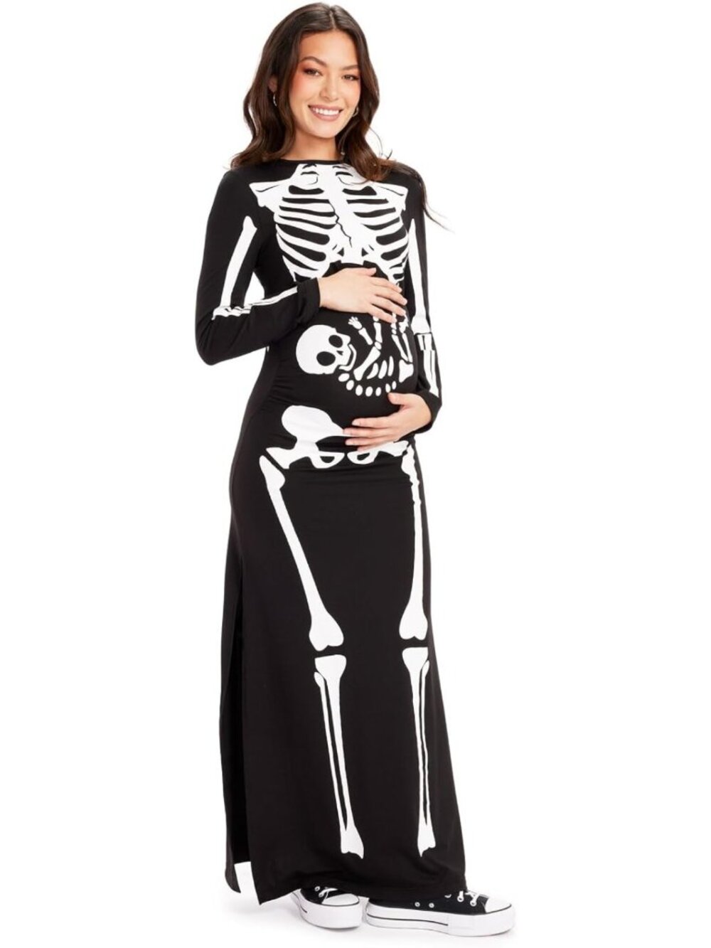 Maternity Skeleton Costume Dress for Women - Long Sleeve Baby Skeleton Graphic